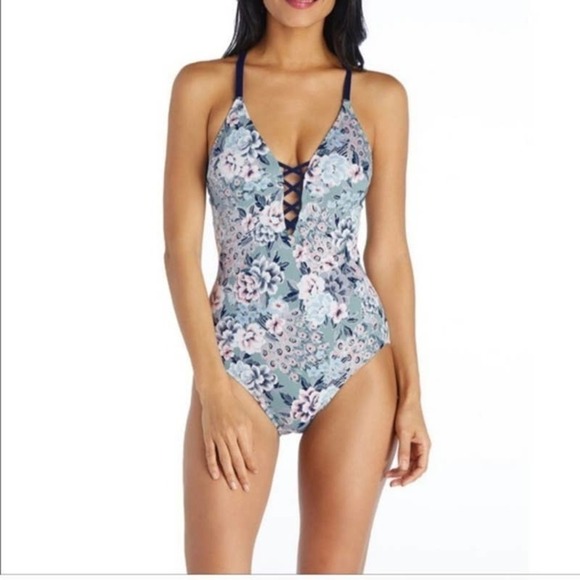 NWT Ambrielle Women Size S One Piece Swimsuit Silver Metallic Floral Peacock - Picture 1 of 6